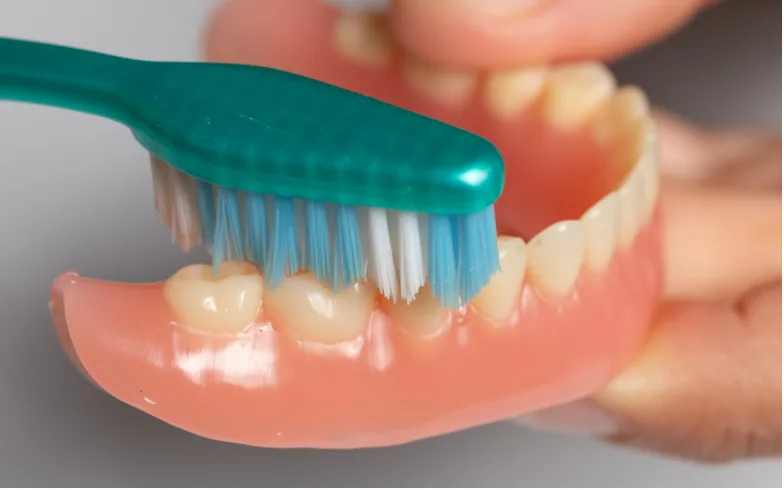 A toothbrush cleaning a denture